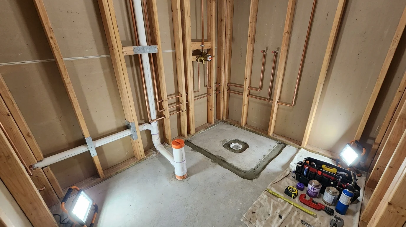 Bathroom rough-in plumbing during remodel by Johns Plumbing LLC in Columbia City