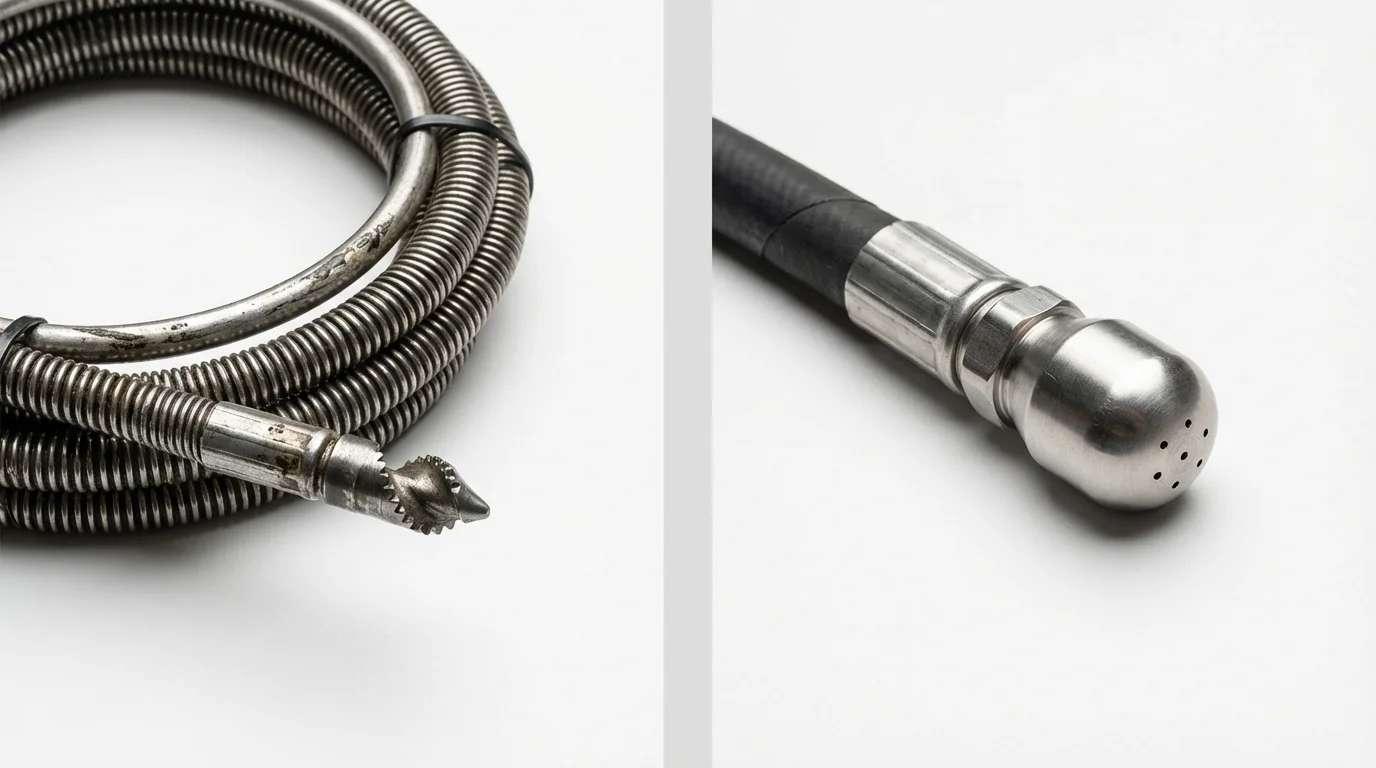 Drain snake cable and hydro jetting nozzle used for drain cleaning in Columbia City, OR