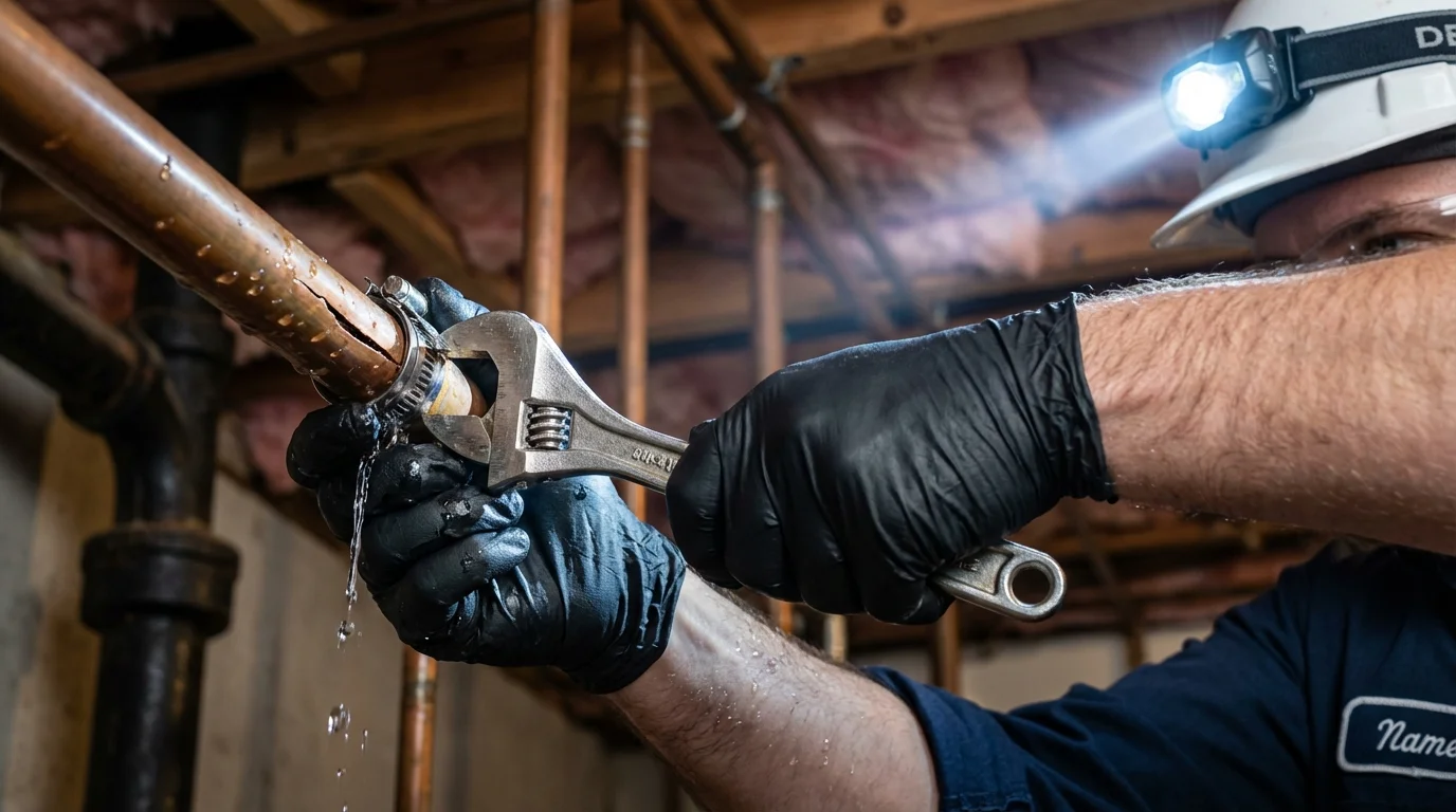 Emergency pipe clamp repair being performed by a Johns Plumbing LLC plumber in Columbia City