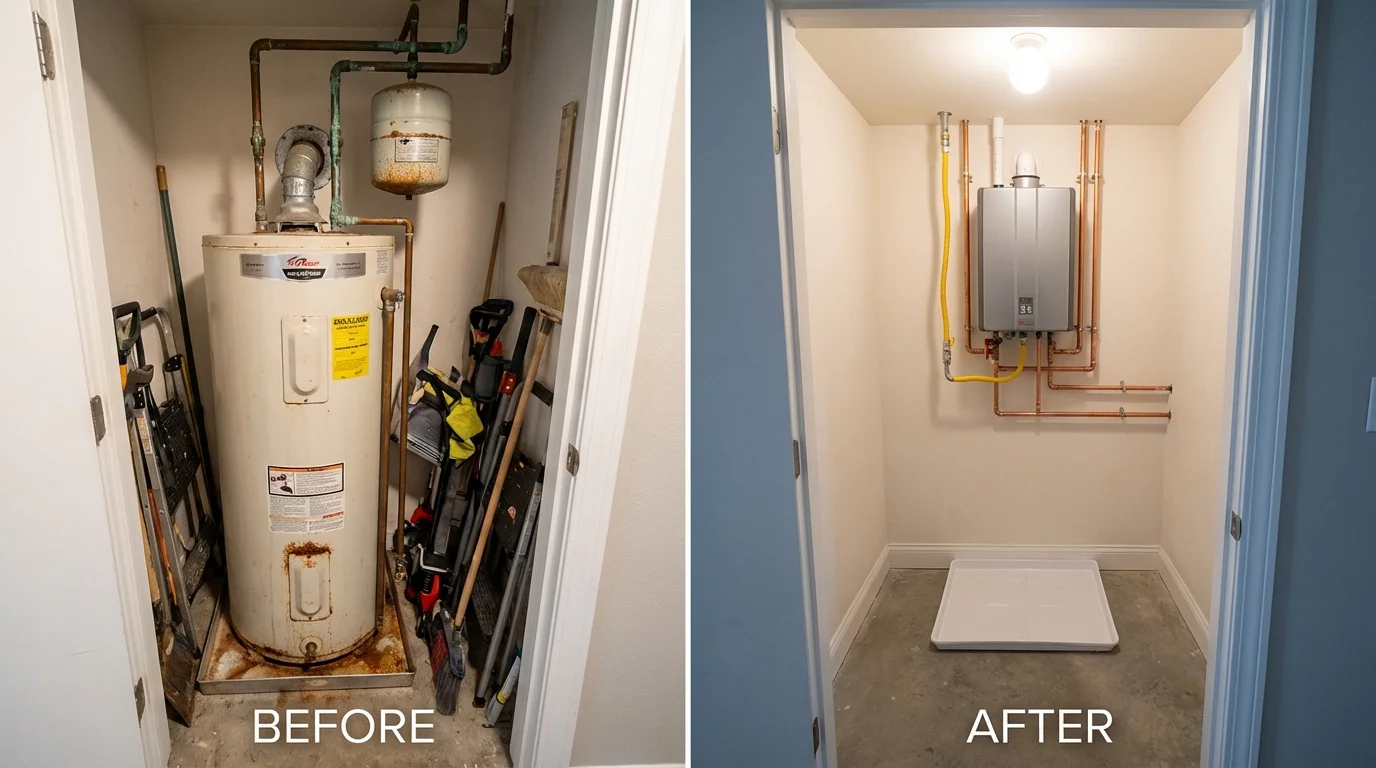 Tank water heater versus wall-mounted tankless unit comparison for Columbia City, OR homeowners
