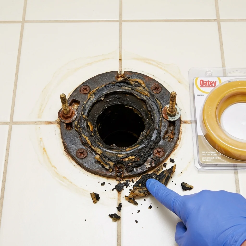 Failed wax ring showing water seepage at the base of a toilet in a Columbia City, OR home