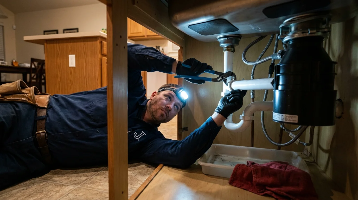 P-trap and supply line connections under a kitchen sink showing a common leak point in Columbia City, OR
